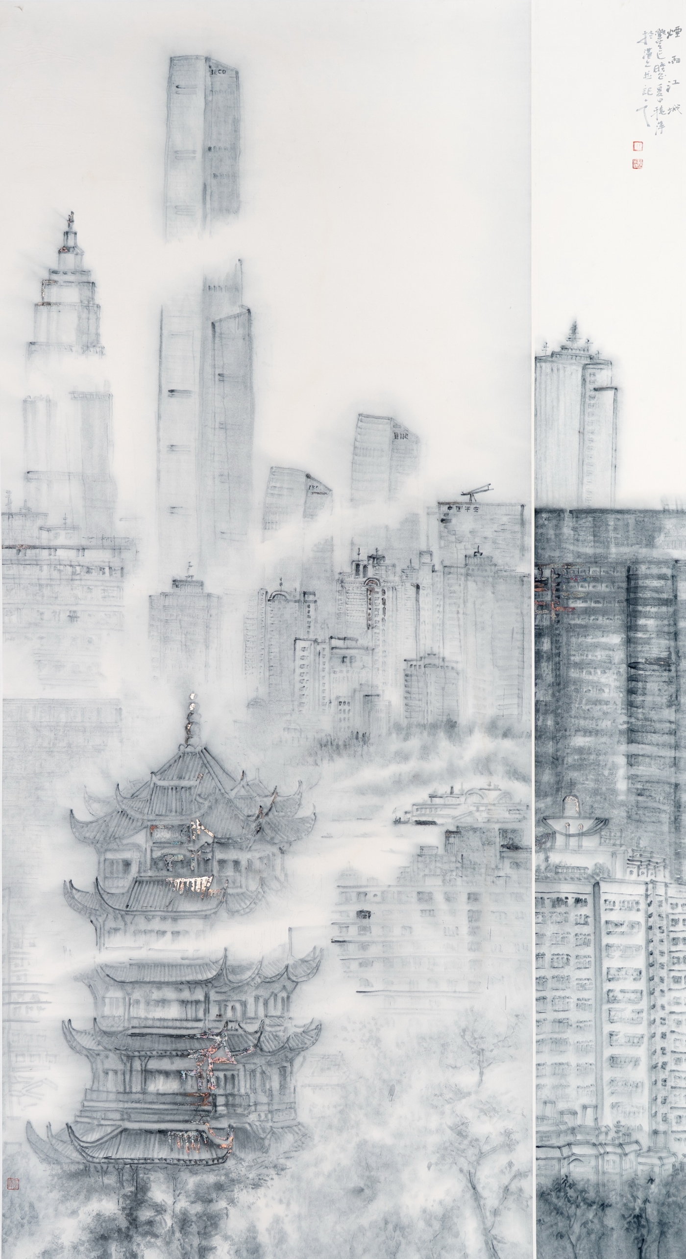 王秋萍《烟雨江城》180cmx96cm